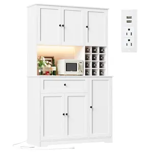 71" Tall Pantry Cabinet with 7-Color LED Light, Charging Station and Microwave Stand, White Modern Kitchen Hutch with Storage Drawer for Dining Room