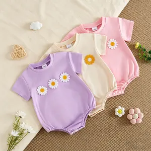 Infant Baby Girl Romper - Summer Short-Sleeve Crew Neck Jumpsuit with 3D Crochet Flower Decor, Girly Girls' Jumpsuits, 0-3 Months, 12 - 18 Months