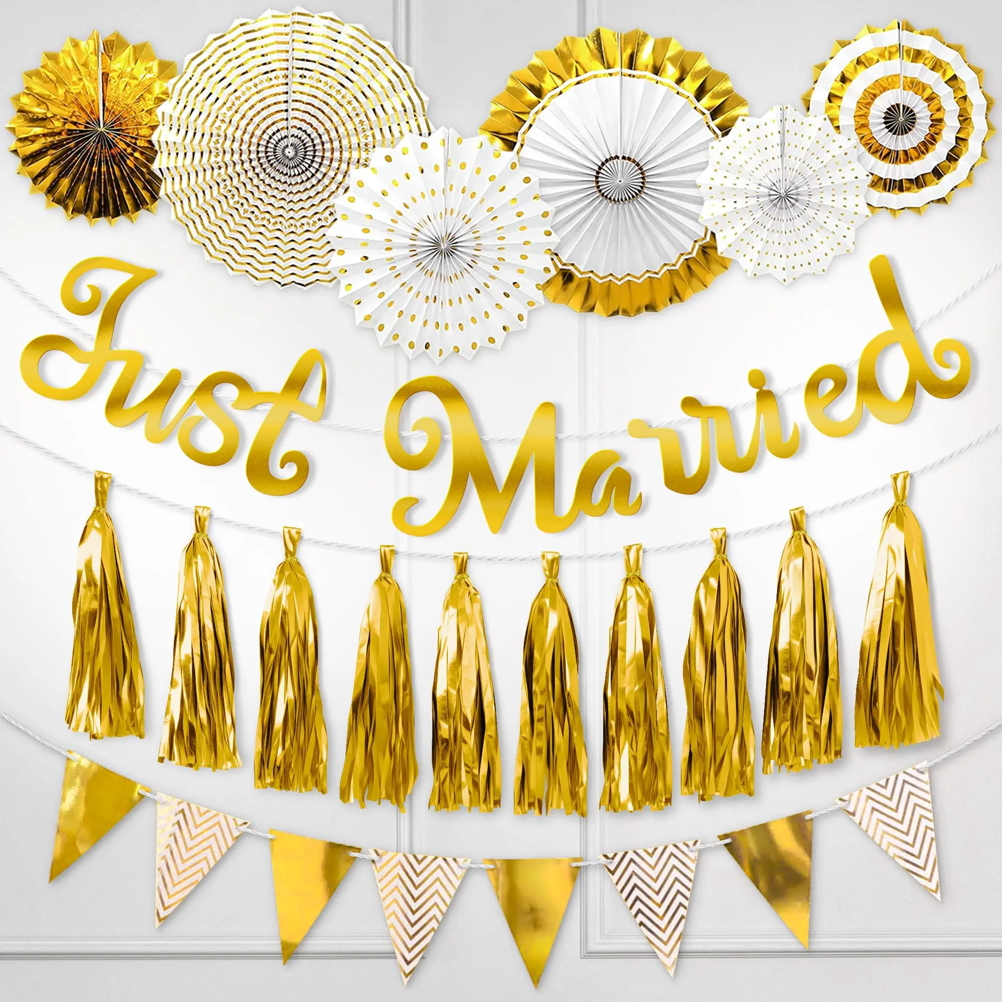 Pixipy Gold Wedding Decorations Set with Just Married Banner, Party Bunting Banner, 10 Tassels Garland, 6 Paper Fans – Bridal Shower & Reception Party Supplies, Festive Gifts