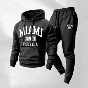 Men's Retro Miami Patterned Hoodie And Drawstring Track Pants Set, Men's Casual Athletic Long-Sleeved Hooded Jacket And Pants, Suitable For Fall And Winter, Street Style Hoodie Set, Everyday Wear, Indoor And Outdoor Sportswear