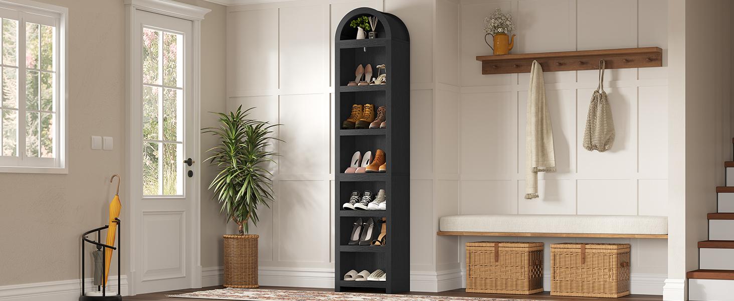 76" Tall Narrow Arched Wooden Bookshelf - 7-Tier Modern Curved Slim Space Saver Storage Cabinet with Adjustable Custom Shelf Fit for Home Library, Living Room, Storage Organization