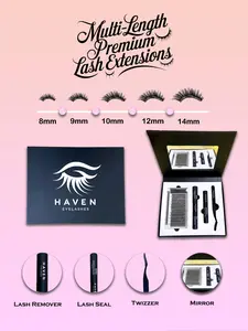 Haven Eyelashes Extension Kit- Premium Luxury Box Packaging with builtin makeup mirror - 120pcs Clusters Fluffy Individual 50T Lashes (10mm-18mm)