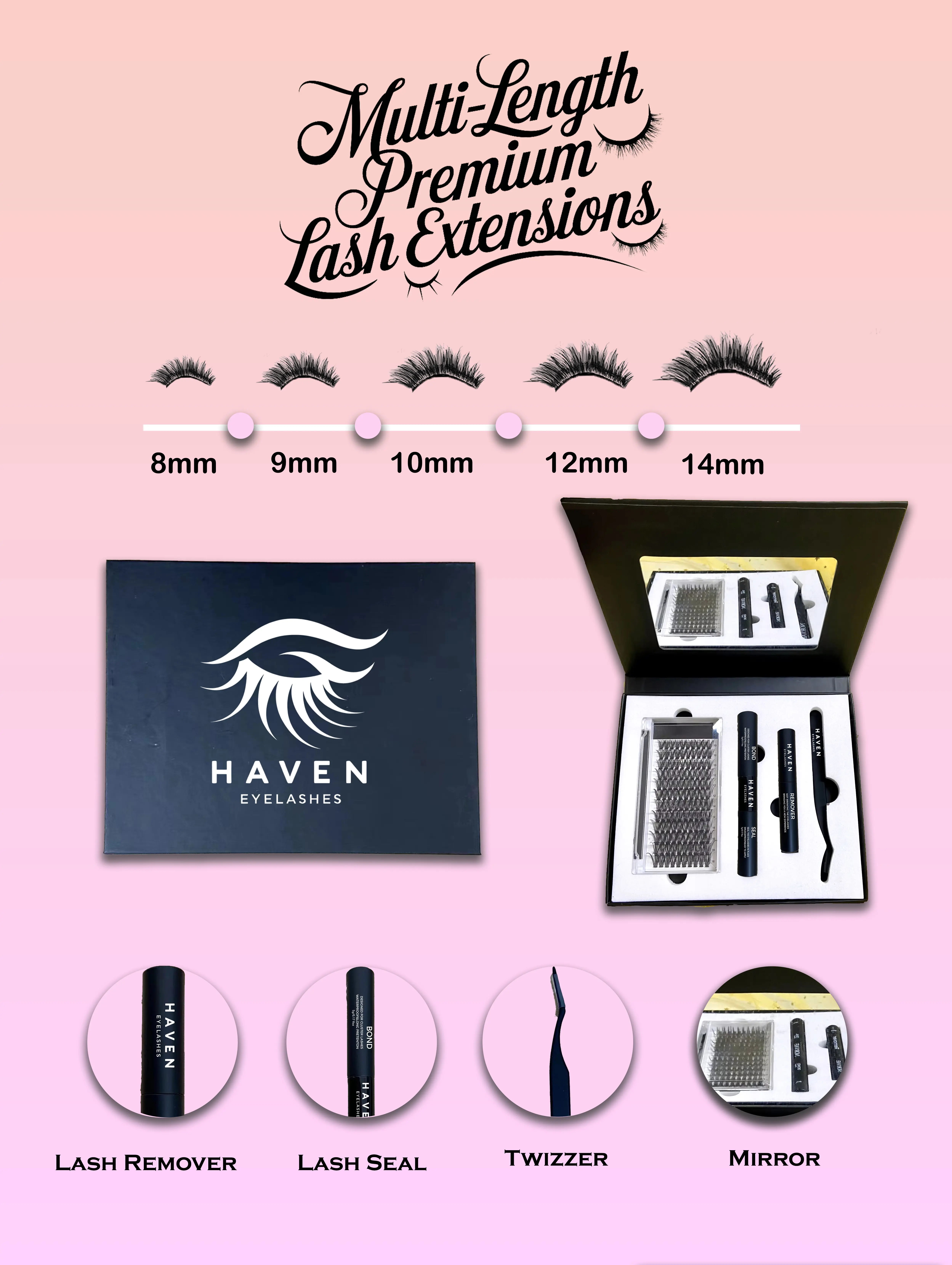 Haven Eyelashes Extension Kit- Premium Luxury Box Packaging with builtin makeup mirror - 120pcs Clusters Fluffy Individual 50T Lashes (10mm-18mm)