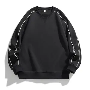 Men's Minimalist Oversized Unisex Plain Long-Sleeve Solid Black Crew Neck Sweatshirt - Raglan Sleeves with Distinct White Contrast Piping Stitch, Ribbed Cuff & Hem Relaxed Casual Pullover for Spring Autumn Daily Street Activities