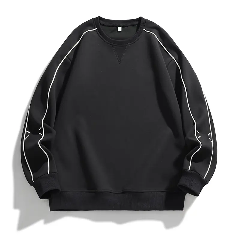 Men's Minimalist Oversized Unisex Plain Black Round Crew Neck Long-Sleeve Sweatshirt - Raglan Sleeves with White Contrast Piping, Ribbed Cuff & Hem, Fitted S Size, Chic Relaxed Casual Pullover for Daily Use, Spring Autumn