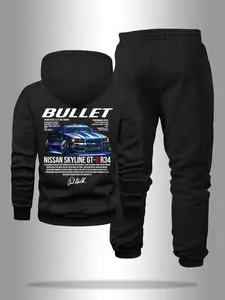 Unisex " Skyline Nissan" Letter & Car Print Drawstring Hoodie & Drawstring Waist Sweatpants Set, Casual Long Sleeve Hooded Sweatshirt & Pocket Jogger Pants, Streetwear Two-piece Outfits for Fall & Winter