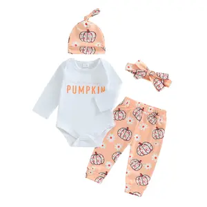 Baby Girl Halloween Outfits Letter Print Long Sleeve Romper Pumpkin Print Long Pants Headband Hat 4Pcs Clothes Set 0-1T