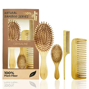 Natural Bamboo Hair Comb Set, Oval Shape, Includes Cushion Comb, Sharp Tail Comb & Wide Tooth Flat Comb, Grooming Tools, Brush