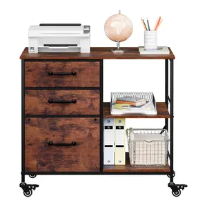 JupiterForce 3 Drawer Rolling File Cabinet Lateral Office Filing Cabinets Printer Stand on Wheels with Open Storage Shelves, Rustic Brown