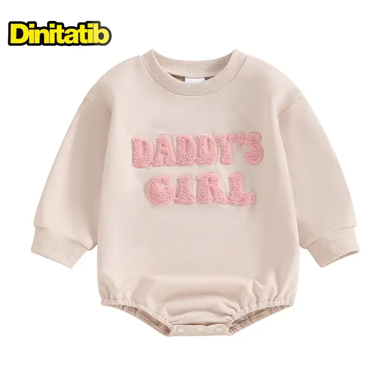 Baby Girls Crew Neck Romper 0-18 Months Long Sleeve Letter Embroidery Casual Sweatshirt Romper