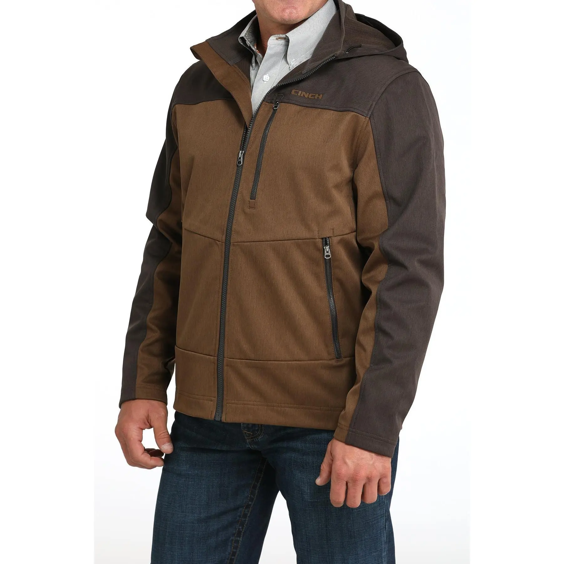 CINCH Men's Western 2-Tone Brown Bonded Softshell Coat - Menswear Hooded Long Full Zip Wind-Resistant Tops with Contrast Panels, Zipper Pockets, Casual Workwear Jacket, Two-Tone