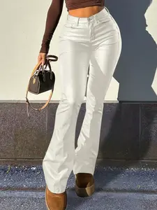 Apperloth Studio Women's Sexy Bodycon Black PU Leather Pants Flare Leg Trousers with Zip Fly & Belt Loops for Night Out Fashion