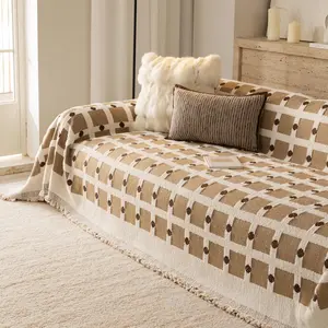Thick Half-Fleece Sofa Cover, Vintage Checkered Sofa Towel, All-Season Universal Sofa Set, Anti-Scratch, Anti-Dirt, Anti-Slip, Boho Style