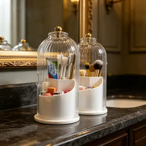 Rotating Bathroom Organizer with Sliding Lid-3 Slots No-Drill Water-Resistant Countertop Storage for Toothbrushes Toothpaste Makeup Brushes,Water-Resistant Dustproof Bathroom Organizer,Home Living Bathroom Storage,360°Rotating Bathroom Storage