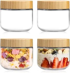 4 Pack 10 oz Overnight Oats Containers withBamboo Lids Reusable Glass Food Storage Jars with AirtightLids Wide Mouth Mason Jars for Snack Yogurt Fruit Salad Bamboo Lids Decorative Storage Jars Kitchen Utensils