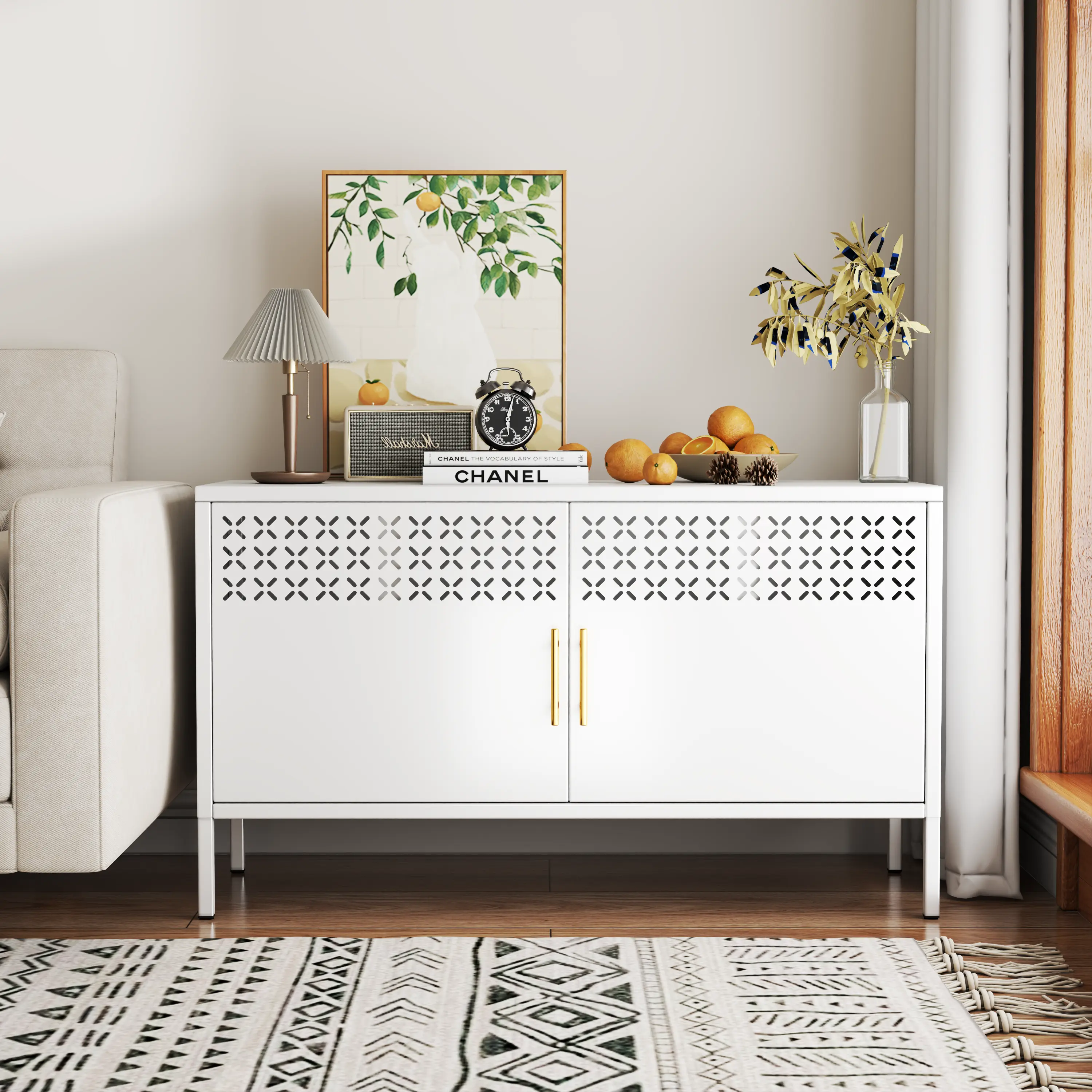 EROSOEI Industrial Metal TV Stand - 43.3" Width Rectangular Low Profile, 15.7" D x 25.2" H, 25.2" Viewing Height, Steel Frame, Perforated Doors, Adjustable/Open Shelves, 150lbs Capacity, 65" TV Ready, Apartment Entertainment Center, Requires Assembly