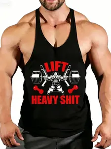 Men's Y-Back Gym Tank Top, "Lift Heavy" Weightlifter Print, Quick Dry Breathable Sleeveless Workout Stringer for Bodybuilding Training