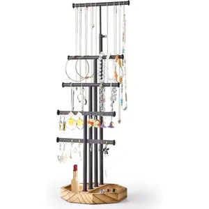 Jewelry Organizer Stand, 5 Tier Necklace Holder Bracelet Earring Holder Jewelry Display Stand Large Storage with Wood Base, Carbonized Black Box Boxes Metal Wooden