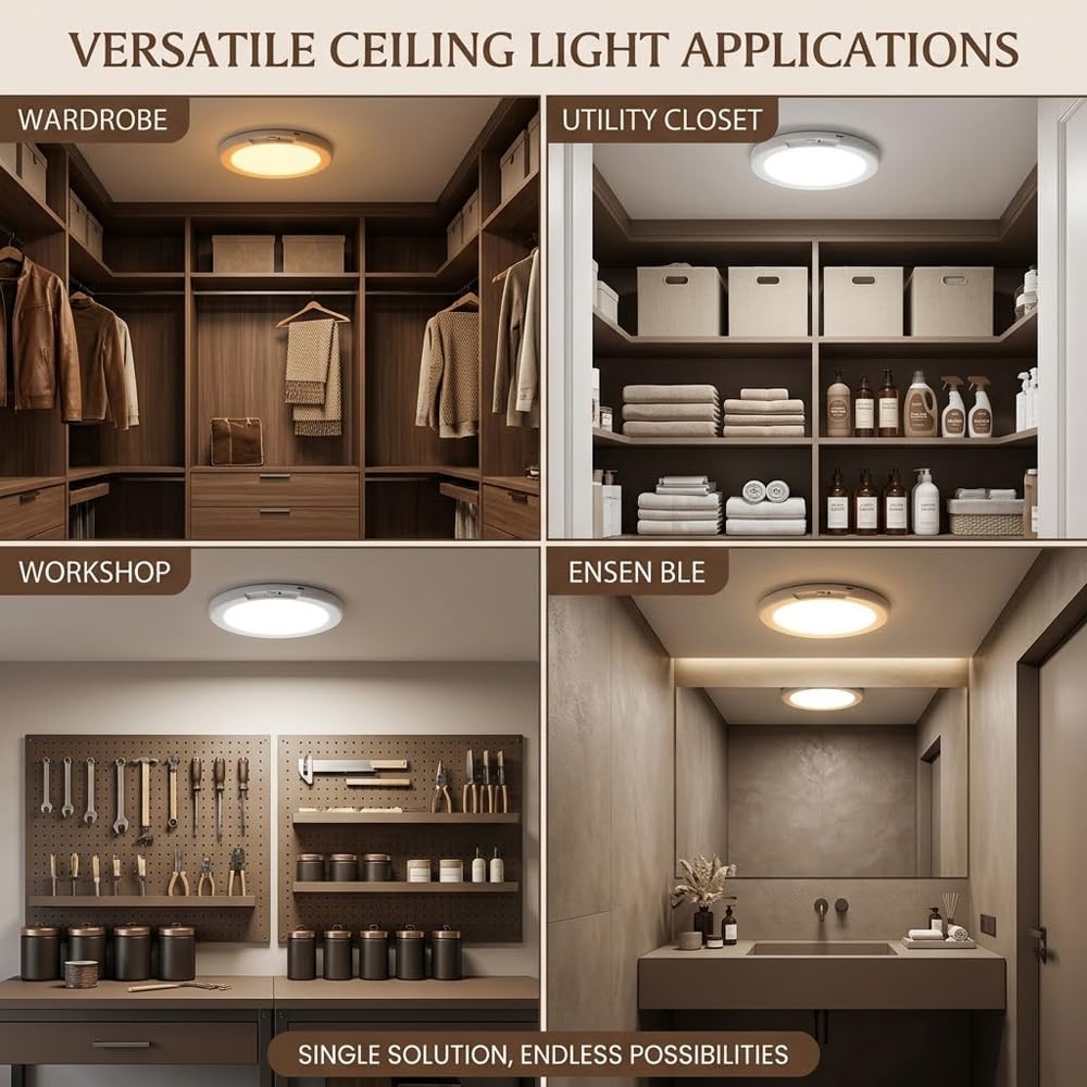 Rechargeable Ceiling Light with Remote, Motion Sensor Ceiling Light Magnetic Battery Operated, 3 Color Temps Dimmable Battery Powered Closet Light for Hallway Stairs Shed Garage, No Wiring