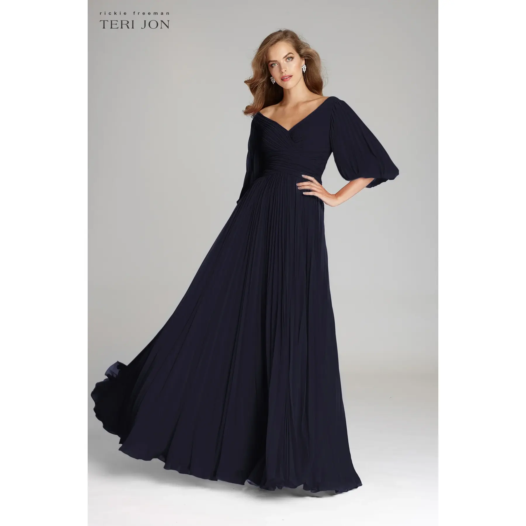 Teri Jon Pleated Chiffon Puff Sleeve Evening Dress 209098
