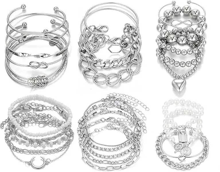 Women's 6-Set Silver Stackable Boho Bracelets - Multi-Layered Chain, Bead & Pearl Cuffs for Party Wear & Daily Use, Costume Jewelry Gift Option