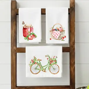 Strawberry Flour Sack Towel Set | Cottagecore Kitchen Decor | Summer Berry Pattern Tea Towels Pack of 3