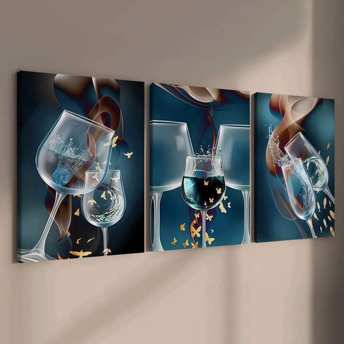 3-Pack Wood Frame Canvas Art, Artistic Abstract Gold Butterfly Wine Glass Poster Print, Modern Living Room Decor, Abstract Wall Decor, Waterproof, Gift Idea