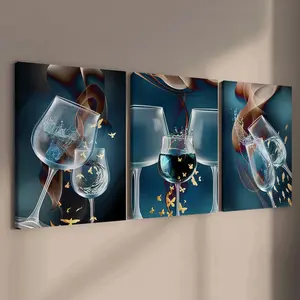 3-Pack Wood Frame Canvas Art, Abstract Gold Butterfly Wine Glass Poster, Modern Living Room Decor, Waterproof, Gift Idea