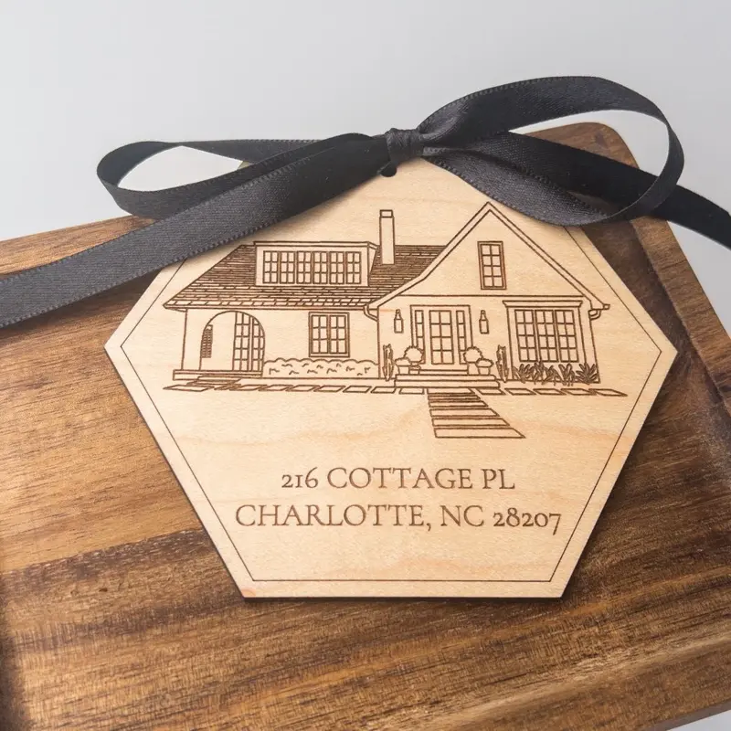 Custom House Portrait Ornament, Illustrated & Laser Engraved Keepsake, Realtor Closing Gift, New Home Gift, Personalized Ornament, Unique