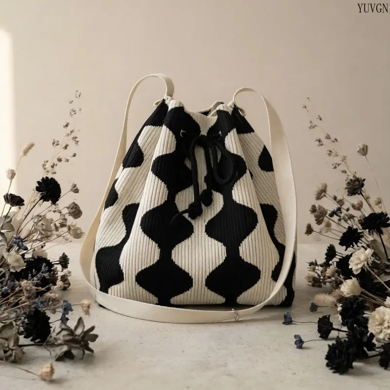 Geometric Knitted Bucket Bag for Women, Chic Black and White Synthetic Crossbody Shoulder Purse, Casual Machine Washable Handbag