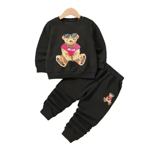 Girl's Cartoon Teddy Bear Printed Black Sweat Suit