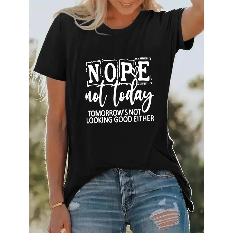 Women's Bright Yellow Graphic T-Shirt - NOPE Not Today Slogan & Geometric Print Casual Round Neck Short Sleeve Top for SpringSummer Vacation, Machine Washable, Summer Wardrobe, Relaxed Fit, Durable Construction, Statement Shirt, Summer Shoppers