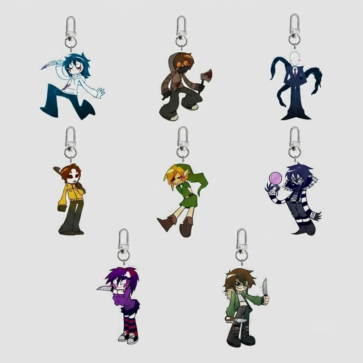 Creepypasta Keychain, Jeff the Killer, Ticci Toby, Slender man, Masky, Ben Drowned, Laughing Jack, Nina the Killer, Clockwork