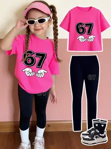 Girls' Trendy Two-Piece Set, Eye-Catching Rose Contrast Pants, Round Neck Short Sleeve, Fun Palm Print, All Seasons, Fashion Clothes Set