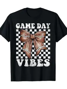 Men's football season pattern T-shirt -100% cotton 220g loose short sleeves, with match day atmosphere design, plaid pattern and football bow tie, football shirt suitable for leisu, Thanksgiving, Black Friday, modern graphic feel