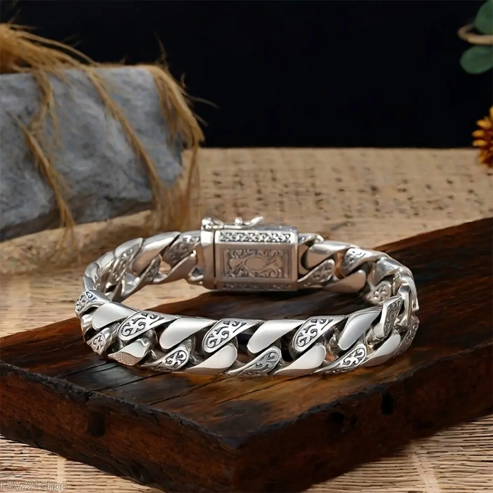 Vintage Engraved Links Unisex Cuban Link Bracelet - Retro Silver-Plated Chunky Metal Jewelry, 18cm/20cm Sizes, 50g Thick Curb Chain with Firm Box Clasp, Anti-Scratch Daily Wear Hip Hop Accessory, Father’s Day/Birthday Gift, Anniversary, Exquisite Trendy B