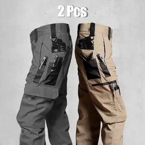 Men's durable outdoor pants, men's multi-pocket work pants, men's solid color and  printed pocket zipper waterproof tactical cargo pants without belt, regular fit sports pocket durable autumn pants.Gift