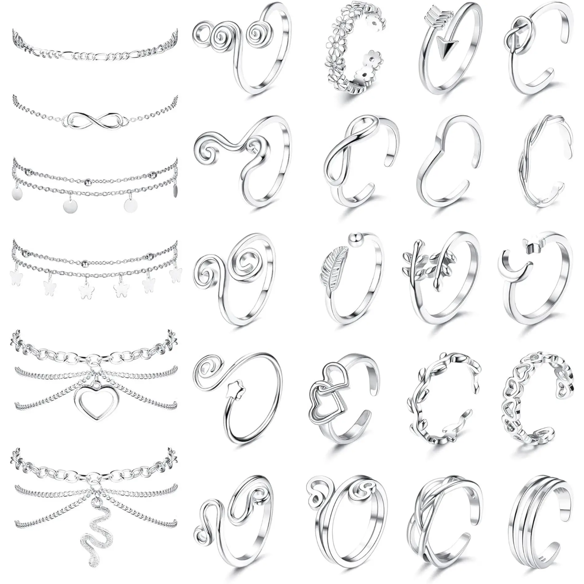 FLORIDECO Women's 26PCS Alloy Plated Toe Rings & Anklet Set - Cute Layered, Open Tail, Adjustable Beach Jewelry for Summer, Daily Wear, Casual, Durable Versatile Artificial Gemstone Jewelry Set