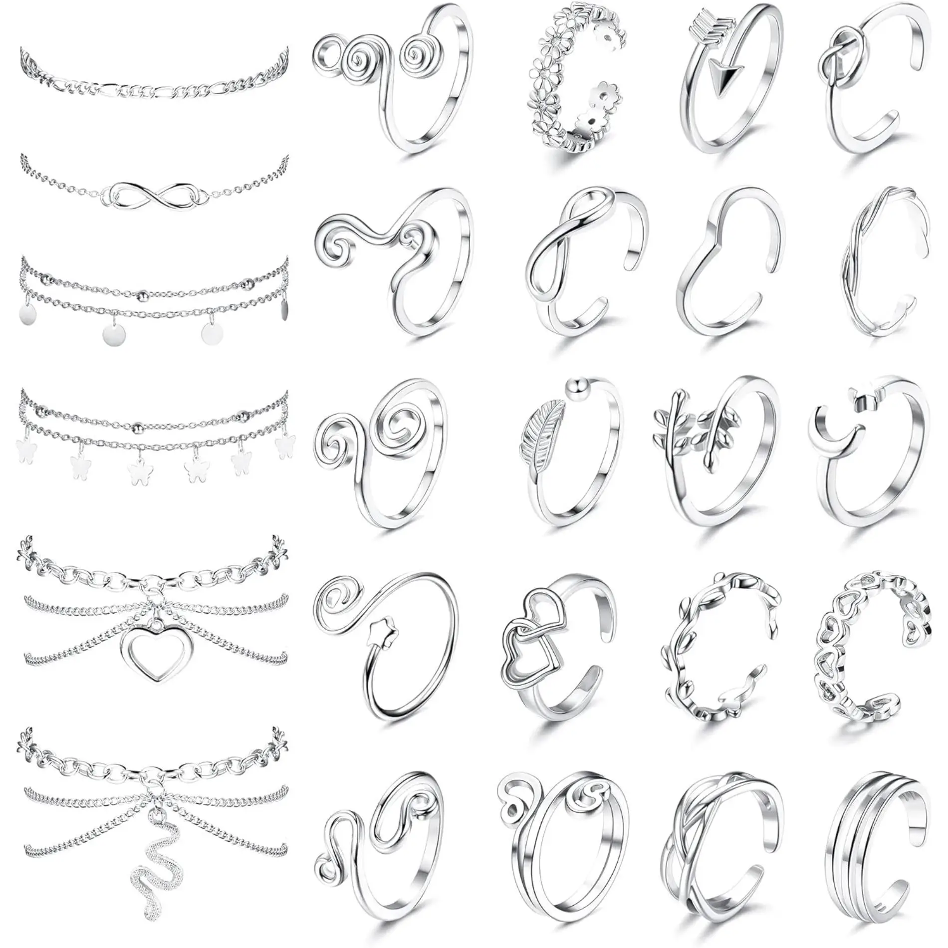 Florideco 26PCS Toe Rings and Ankle Bracelets for Women - Silver Rose, Cute Layered, Adjustable Beach Foot Jewelry for Summer Daily Resistant Versatil