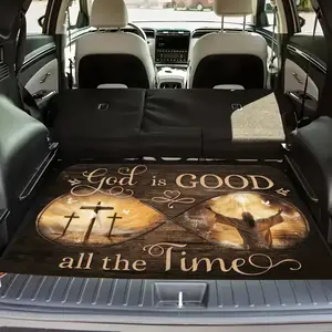 1pc of Vintage Car Trunk Mat Featuring a Faith-Based Design That Says "God Is Good All The Time" Along with Crosses And a Sunset Scene. Made from Durable Polyester, It Is Non-Slip And Easy to Clean