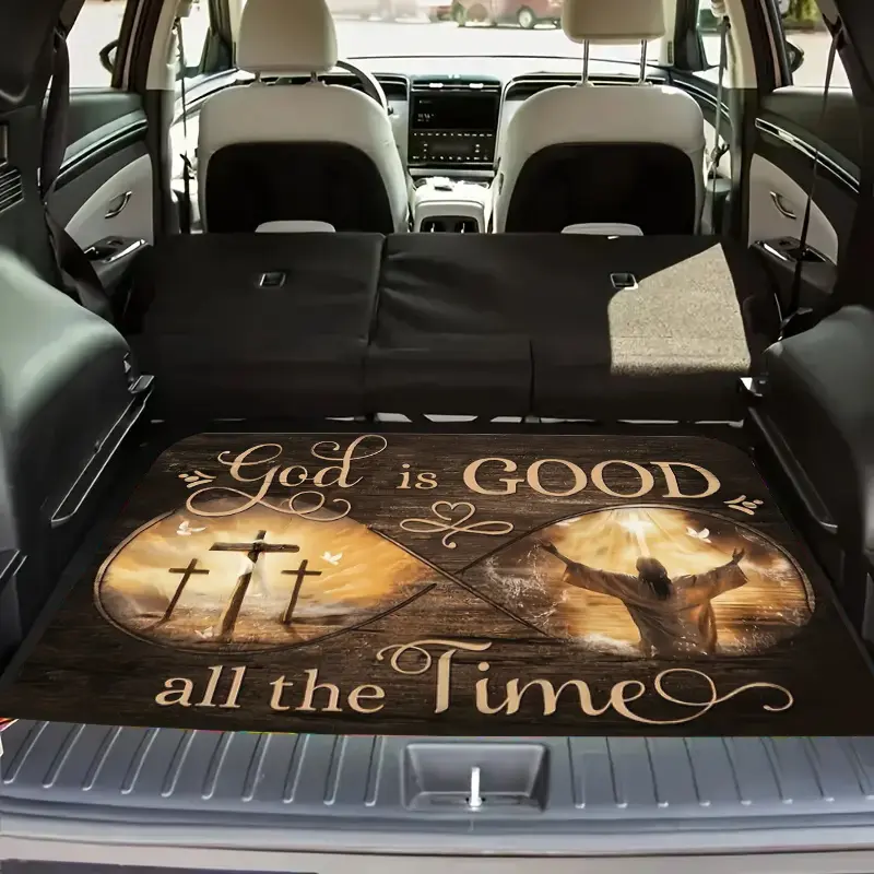 1pc of Vintage Car Trunk Mat Carmats Auto Interior Accessories Featuring a Faith-Based Design That Says "God Is Good All The Time" Along with Crosses And a Sunset Scene. Made from Durable Polyester, It Is Non-Slip And Easy to Clean