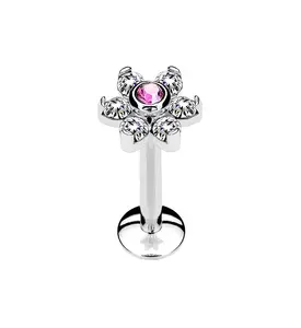16G Pink & Clear Flower Internally Threaded Flatback Post