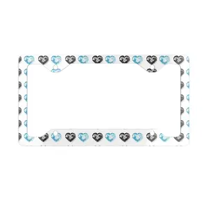 Blue and Silver Heart Pattern Metal License Plate Frame | Rhinestone Heart Border