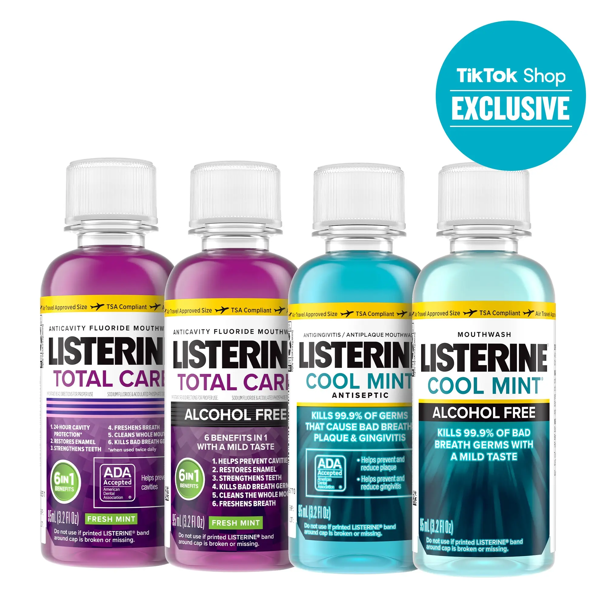 Listerine On-The-Go Freshness Flight, Travel Size 95mL Mouthwash 4-Pack (Formulas Included: Cool Mint, Cool Mint Alcohol Free, Total Care, and Total Care Alcohol Free)