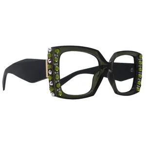Penelope, Bling Reading Glasses for Women, Handmade with Olivine n AB Genuine European Crystals, Green, Square. NY Fifth Avenue” Clear Lightweight