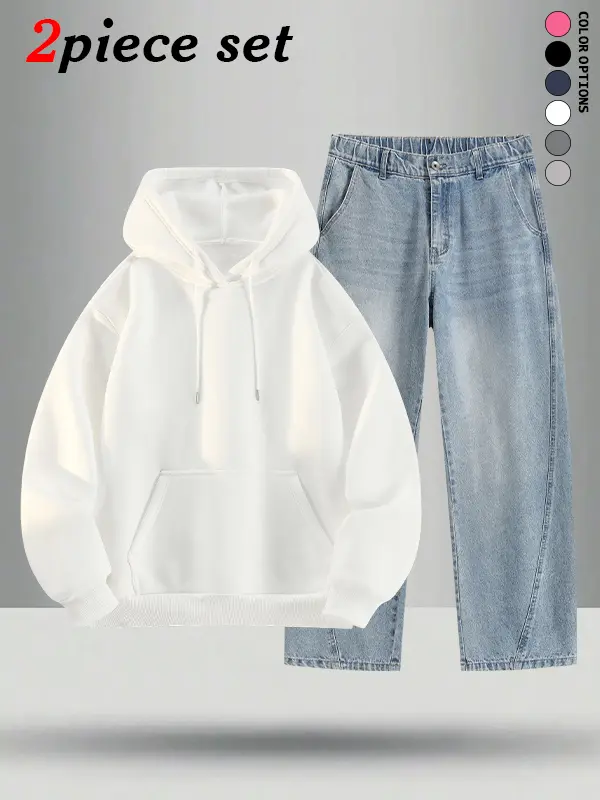Men’s 2-piece set: sweatshirt and jeans for autumn/winter, loose casual fit, versatile for fall/winter, available in multiple colors, high-street trendy men’s style for everyday outings.