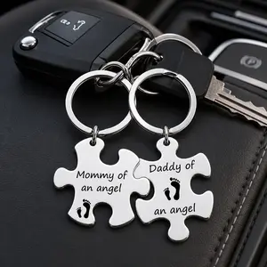 Angel Parents Memorial Puzzle Keychain, Stylish Stainless Steel Key Ring, Unisex Couple Keepsake, Sweet Personalized Gift for Family & Loved Ones