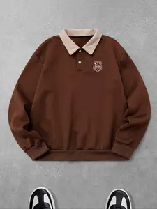 Men's Loose Casual Long Sleeve Pullover Sweatshirt, Spring & Fall Fashion Polo Neck Top, New Knitted Fabric, Preppy Style, Casual Loose Jumpers