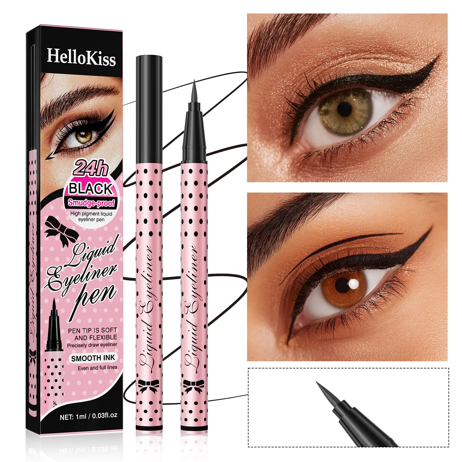 HelloKiss 24HR Liquid Eyeliner – Soft Flexible Tip for Precise Winged Liner, Smudge-Proof Long-Lasting Black Eye Makeup