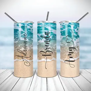 Custom Name Personalized 20oz Stainless Steel Travel Tumbler, Beach Inspired Insulated Drink Cup, Elegant Customized Drinkware, Perfect Bridesmaid Gift Personalized Keepsake for Holiday and Special Occasions